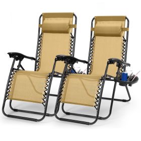2Packs Zero Gravity Lounge Chair With Dual Side Tray Stress Relief Pillow 330lbs Max Load Per Chair Foldable For Patio Poolside Beach Fedex Shipp (Color: Beige)
